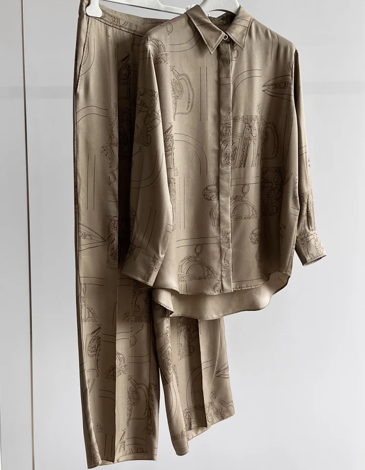2024 Jesenná voľná móda 100% hodváb Nový príchod Print Set Suit Suit Tirlk + Pant Brand Clothing for Women
