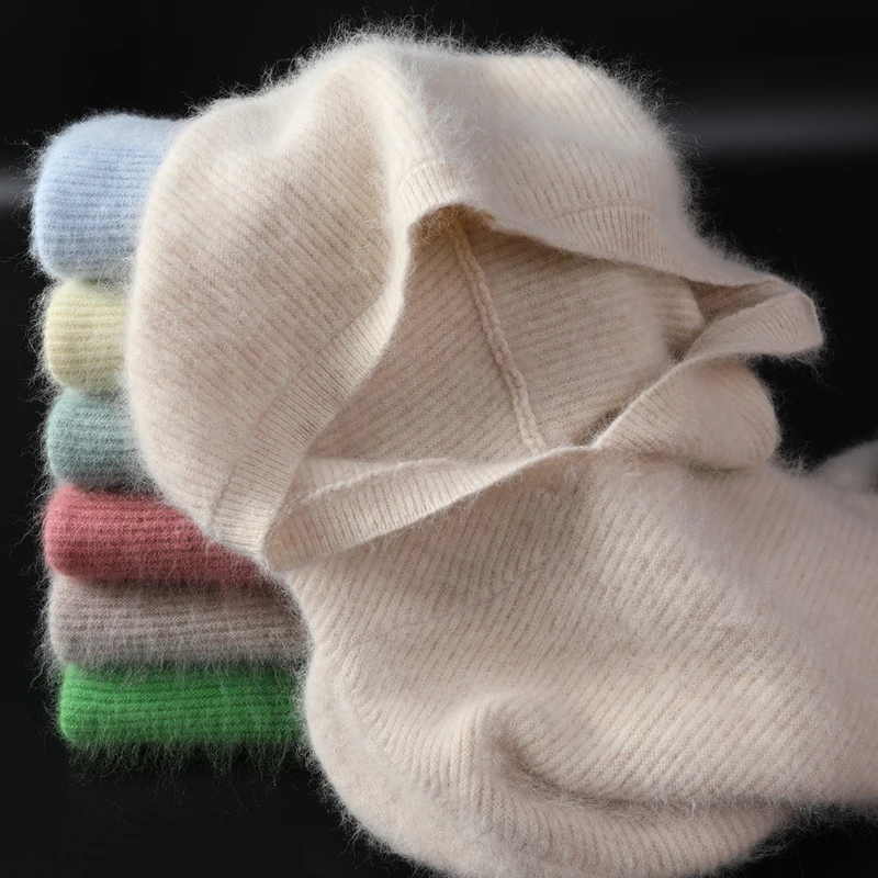 2024 Jesenná zima 100% Mink Cashmere Sweater Ženy pletené kapucne Warm Lady's Grade Up Squance a Pulloves Mäkké teplé vrcholy