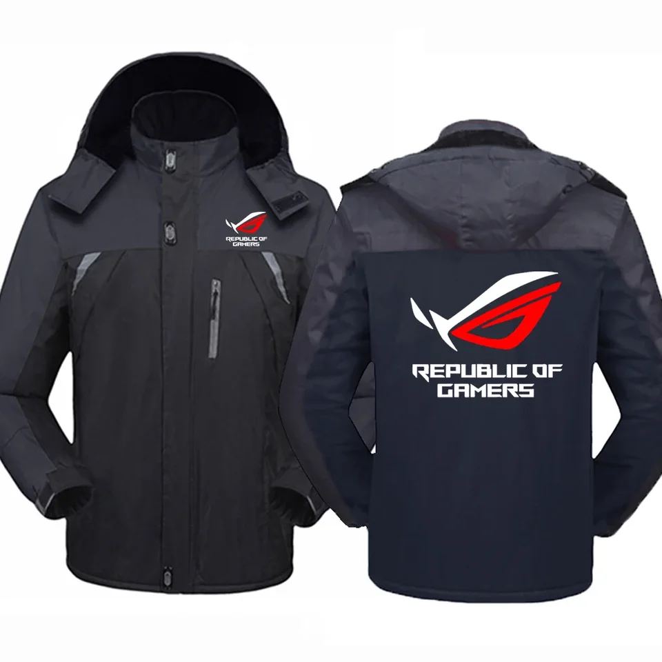 2024 Jesenné zimné mužské ROG ROG Republic Logo tlačené osobnosť zostrihajúca prevencia studeného prevencie teplý zhrubnutý kabát na zips