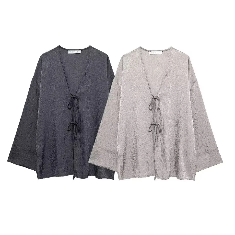 2024 Jeseň Nová dámska móda tenký dvojriadkový ľanový zmiešaný spúľka kimono Satin Satin Loose Cast Coat