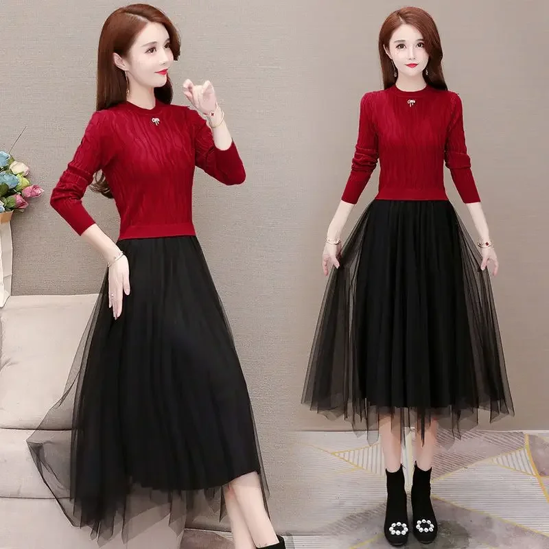 2024 Jeseň Winter Fashion Dámske falošné dvojdielne dlhé šaty ženské pletené šaty O-krk Dámske dámy dlhé A-line Vestidos M380