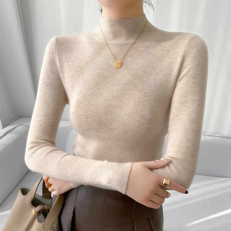 2024 Jeseň Winter Women Sweater Vintage Basic Solid Tittted Tops Casual Slim Pullover Kórejské svetre jednoduché elegantné skoky