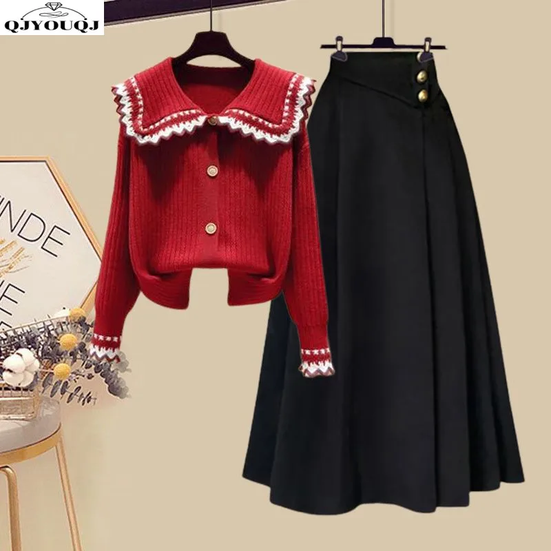 2024 Jeseň/zima Nová dámska súprava Navy Collar pletený vek redukcie sveter+vysoký pás polovica sukne Two -Petre Set Trendy