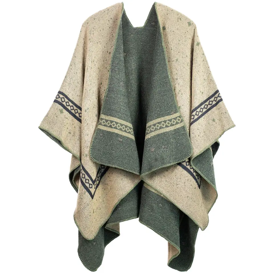 2024 Jeseň zima nová ulica Geometrická mriežka kvetinový vzor napodobňujúci kašmíru Warm Shawl Cloak Ženy Poncho Capes Green