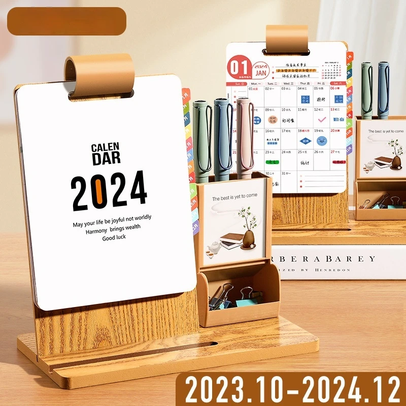 2024 Kalendár New Creative Desktop Decotion Drevený multifunkčný kalendár s prácou držiaka pera v mesačnom kalendári