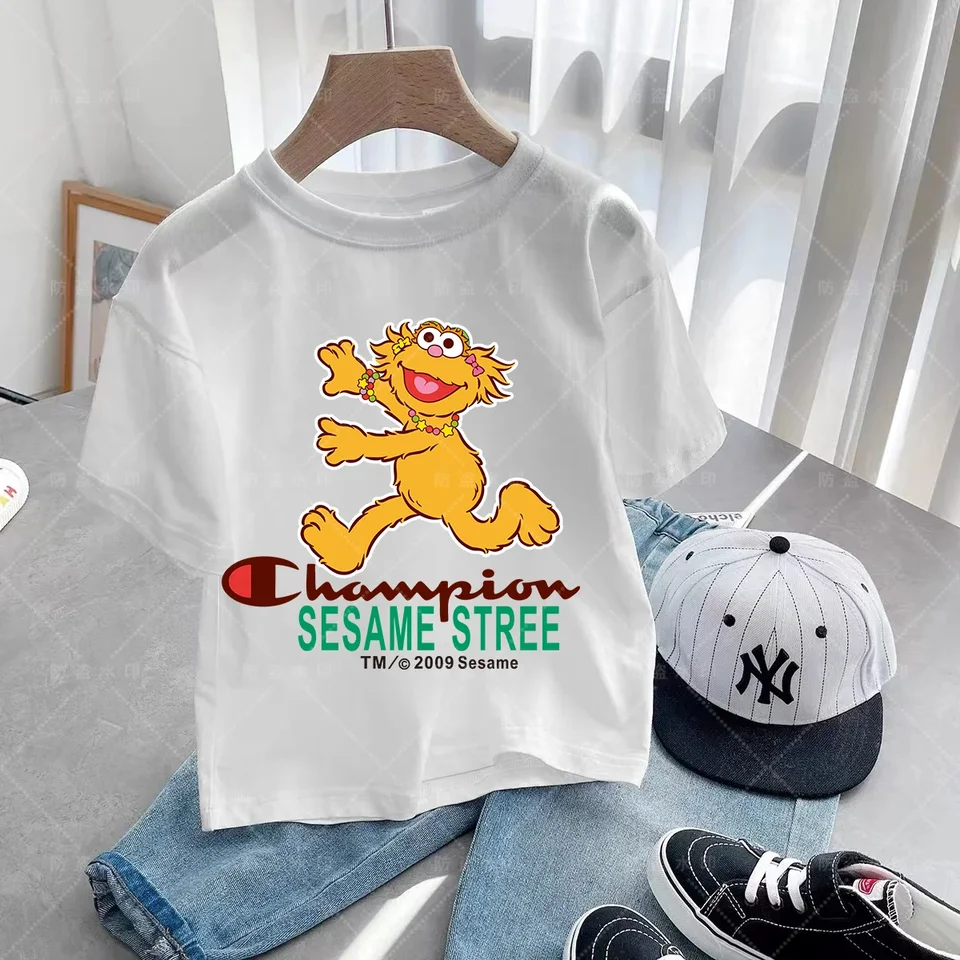 2024 Kids leto s krátkym rukávom dievčatá a chlapci tričko The Sesame Street Elmo Cartoon tlač Detské tričko vtipné detské oblečenie