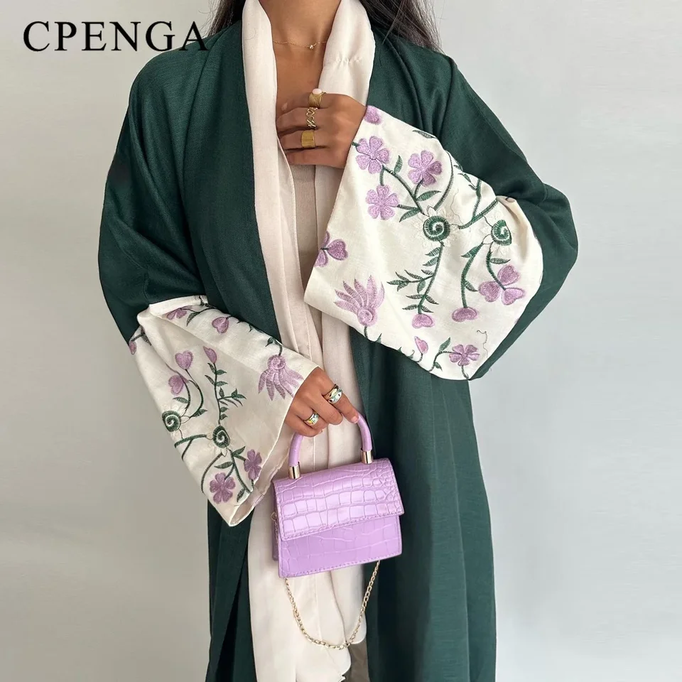 2024 Kvetinové výšivky Dubai Kimono Abaya šaty luxusné eid moslimské kardigan pre ženy islam Party Jalabiya Turecko dovolenkové šaty