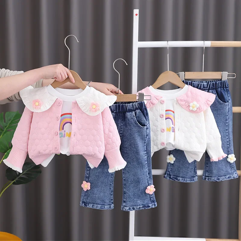 2024 Kórea Spring batoľa dievča 3pcs oblečenie Set Flower Falbala Potlačená dúhová mikina džíns