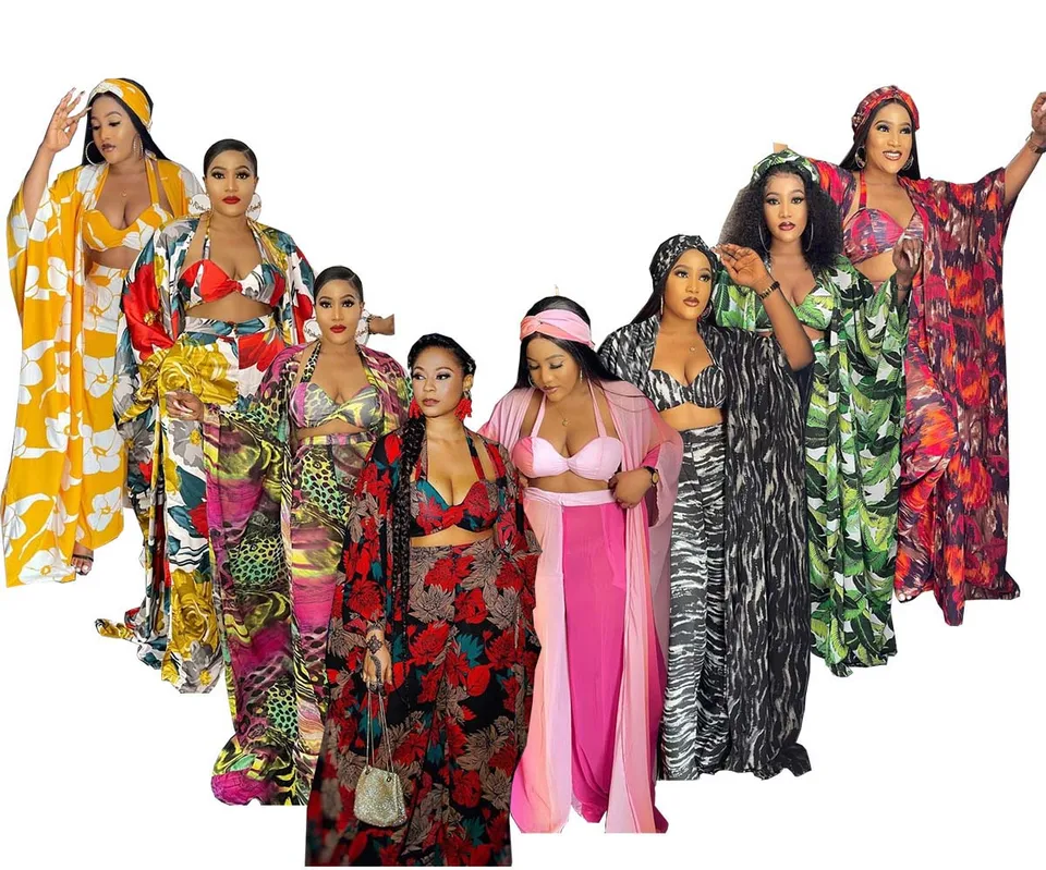 2024 Ladies 4 -Piece Set African Dashiki Nové módne dlhé topy + podprsenka + šál + široké nohavice Štyri kusové obleky pre ženy