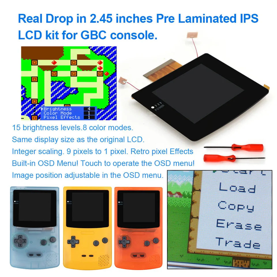 2024 Laminát 2,45 palca všetko v jednom OSD Menu Retro Pixel Backlight IPS LCD SCISCIT SPITING+PRE-CUT PHELLS For Game Boy Color GBC