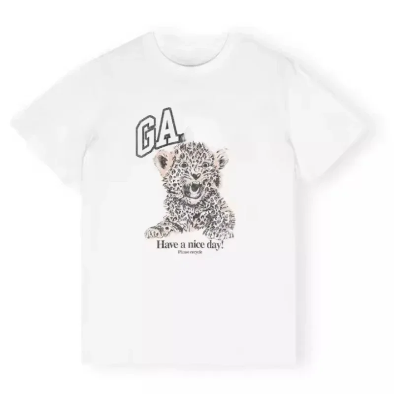 2024 letné nové tričko s leopardou tlačou pre ženy GA GA Brand-Loose Round Crck Krátky rukáv pre neformálne elegantné streetwear karikatúry