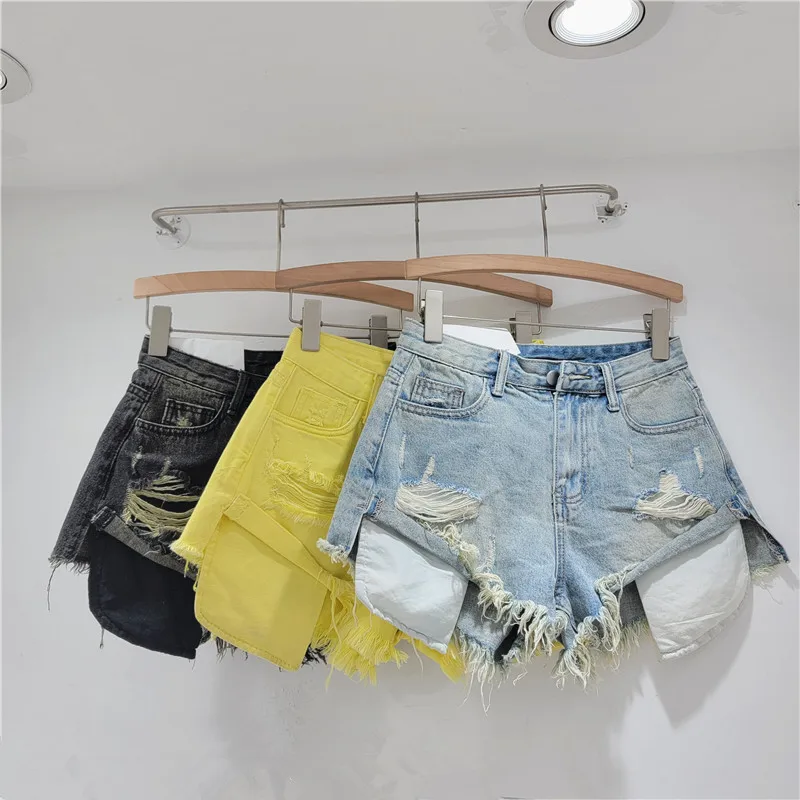 2024 leto nová svetlo farebná perforovaná dizajn denim dámske dámske nohy štíhle móda Ragged Edge A-line ropa mjer