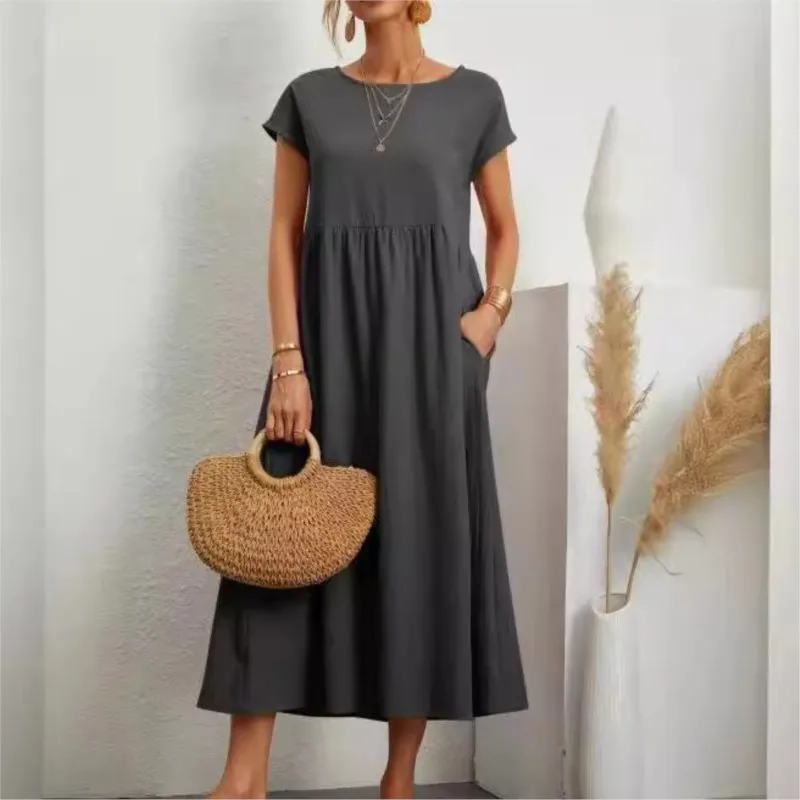 2024 leto Nové dámske šaty s krátkym rukávom s voľnými neformálnymi vreckami masívne farebné okrúhle krk Pullover dlhé a elegantné šaty