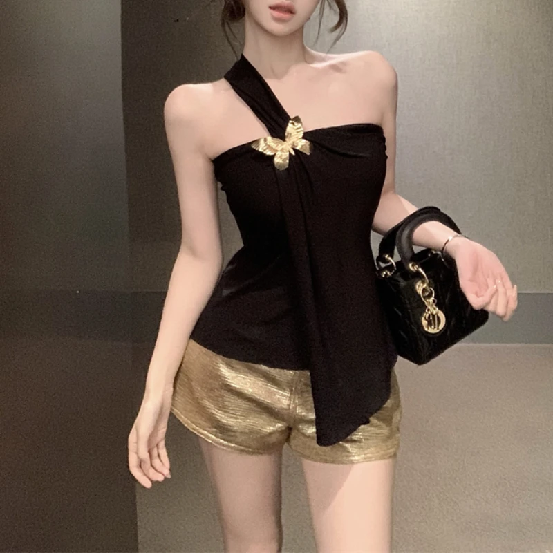 2024 leto Nový kórejský motýľ zostrih bez ramienok Sexy Slim Black Camisole Women + High pásový neformálny šortky Dvojdielny oblek