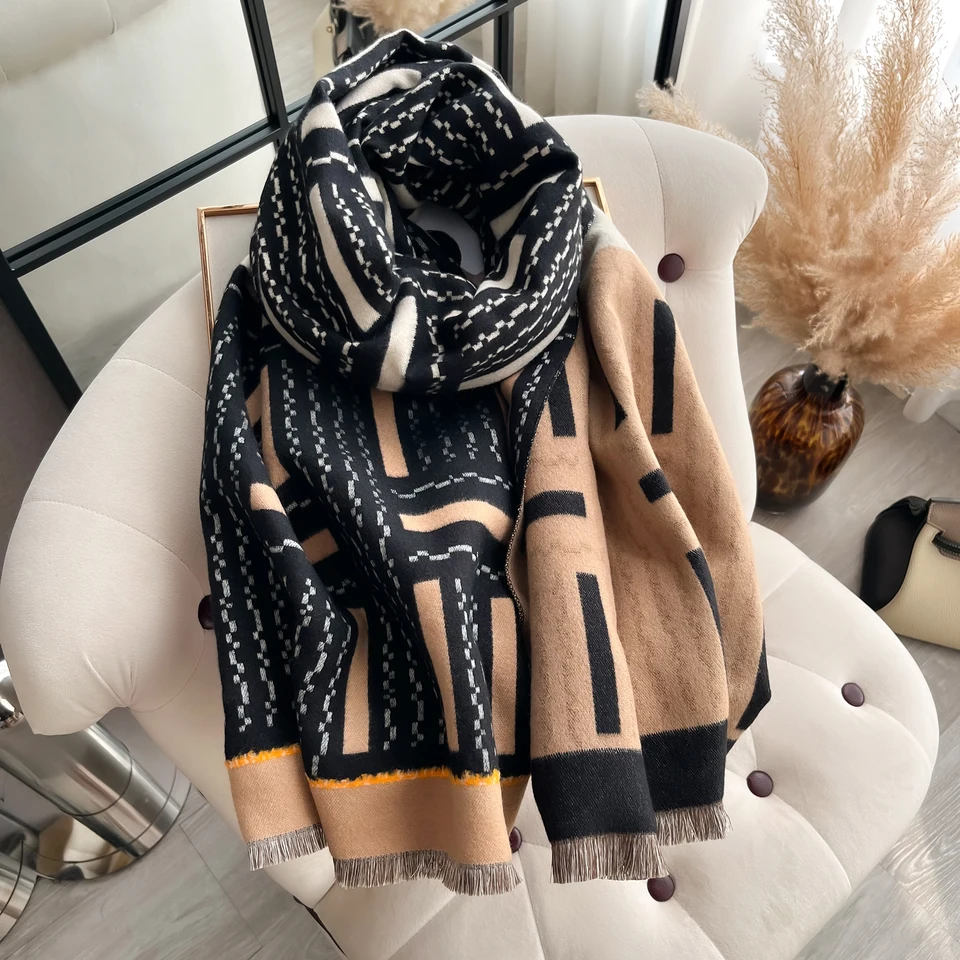 2024 Luxusná značka obojstranná šálka Jacquard Pashmina Cashmere Soft Warm Fringe Fringe Pashmina Shawl Winter ColdoProof Windproof Dride