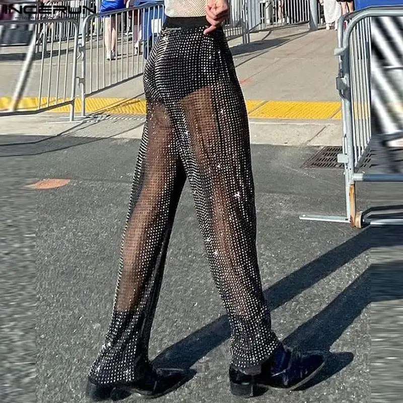 2024 Men Pants Slesk Transparentný lesklý elastický pás sexy párty nohavice Men streetwear módne ležérne nohavice S-5XL Incerun