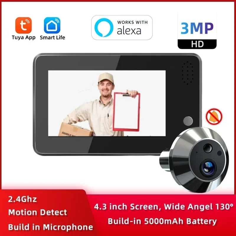 2024 MINI PEEPHOLE COMOANA TUYA SMART 130 ŠPOČNÝ Uhol 3MP bezdrôtového horúceho prehliadača Video fotoaparátu Video Video pre dvere pre dvere