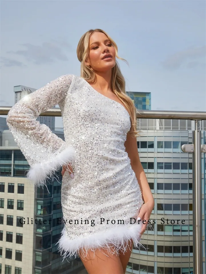 2024 Moderné jednoduché sexy sexy krátke plesové šaty morská panna s jedným ramenom backless perie Flowined Custom Birthday Evening Party šaty