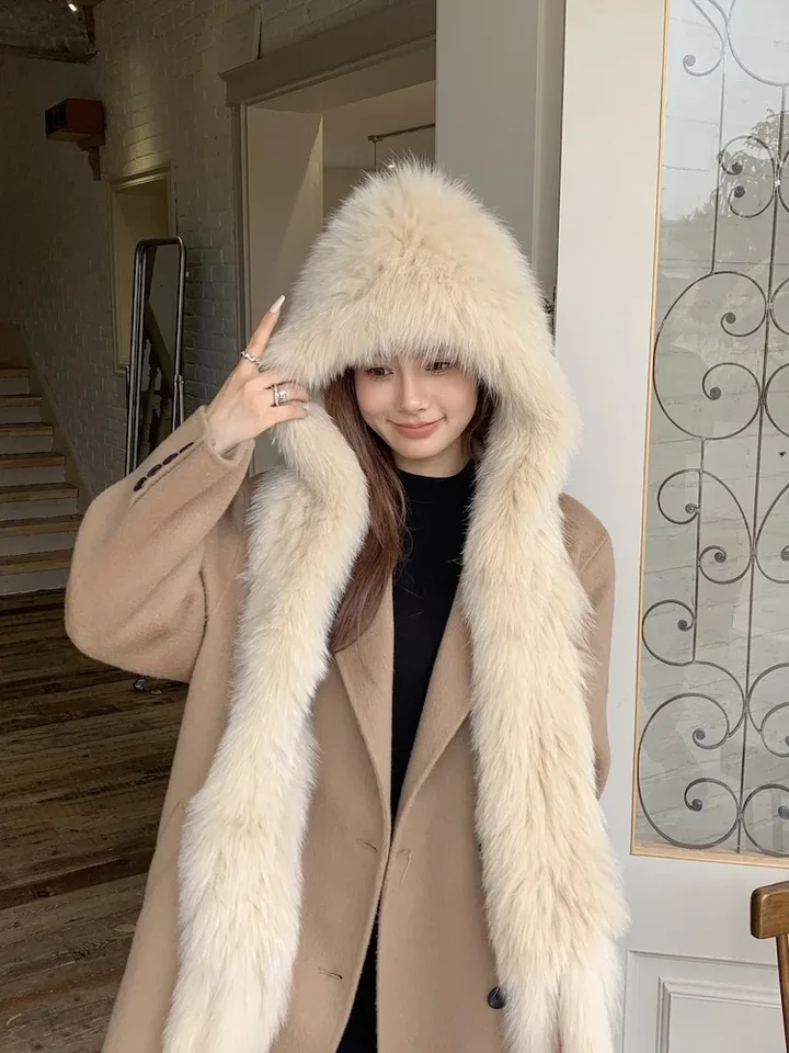 2024 Módna dáma Real Fox Fox Hat Hat Scarf Winter Warm Fluffy 100% prírodná líška kožušinové klobúky Šarty Ženy pletené originálne kožušinové šatky