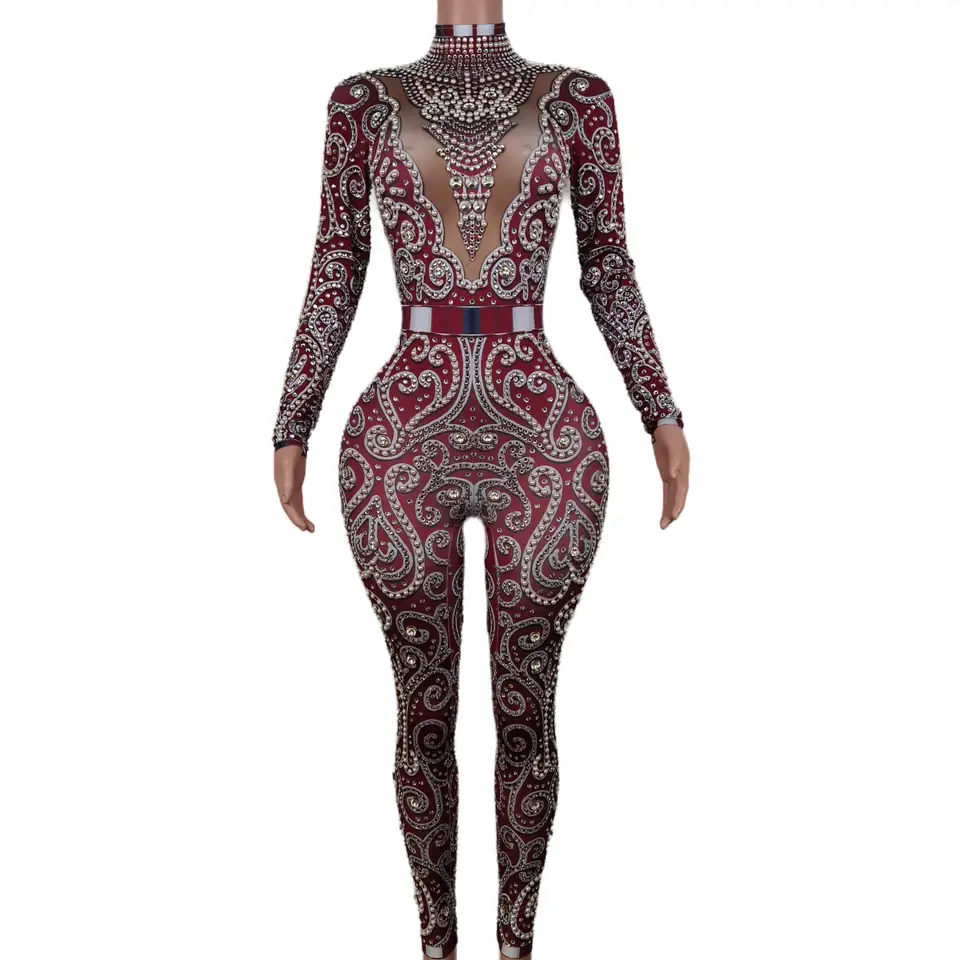2024 Módne luxusné dlhé rukávy kamienky Crystal Shipsuit Bodycon Formal Party Dress Sexy Club plus veľkosť žien Sexy Bodysuit