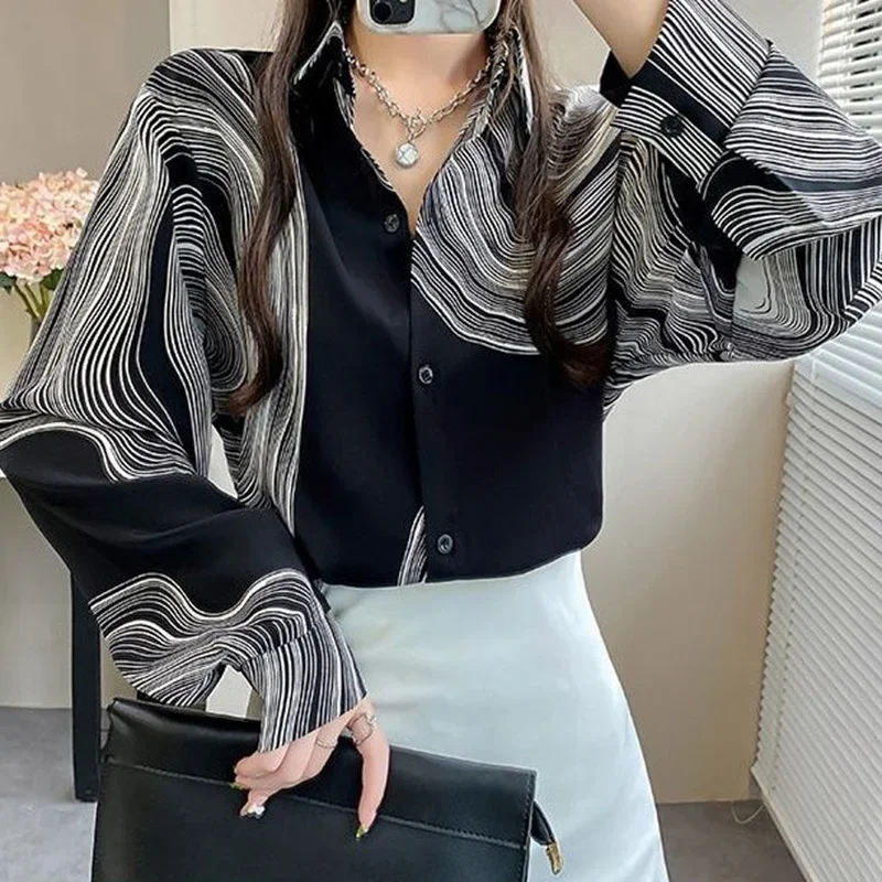 2024 módne šifónové blúzky Ženy klošné lampa rukávy košele Tops Dámske voľné gombíky Blouse blúzka Blusas mujer de Moda