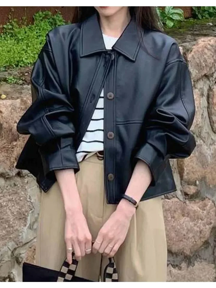 2024 módny trend orezaný kožená bunda Ženy High Street Čierny punk pu Coat Streetwear tenké vintage ležérne kožené blejzre