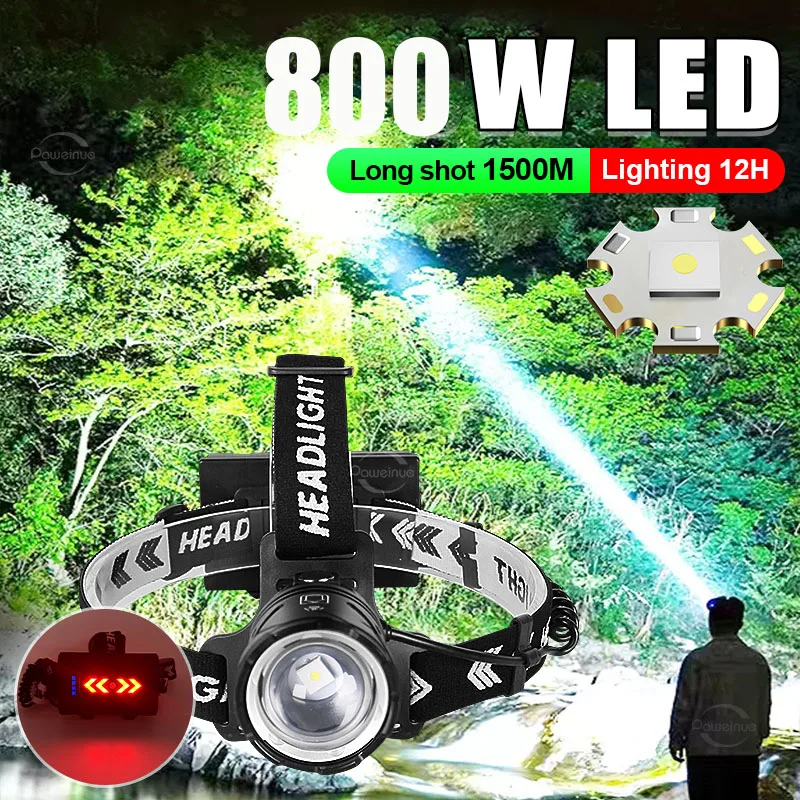 2024 Najnovší 800 W vysokovýkonný svetlomet OutOor Camping Zoom 1500 m nabíjateľná hlava baterka nepremokavá vodotesná lampa IPX6