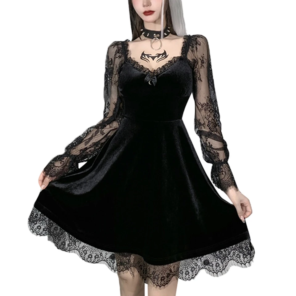 2024 New Fashion Women's Bandeau s dlhým rukávom s dlhou farbou Dark Gothic Sexy Lace Stitched Šaty