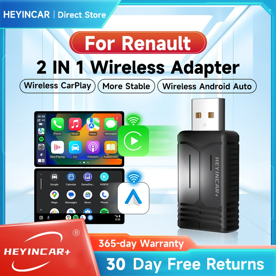 2024 New Heyincar 2in1 Wireless Android Auto Adapter CarPlay Wireless pre Renault Arkana Captur Clio Megane Austrál Zoe E-Tech