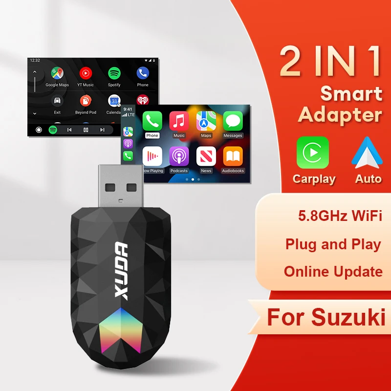 2024 New Xuda Mini 2in1 Wireless CarPlay Android Auto Adapter Farebné svetlá pre Suzuki Swift Vitara S-Cross Carry Jimny Sport