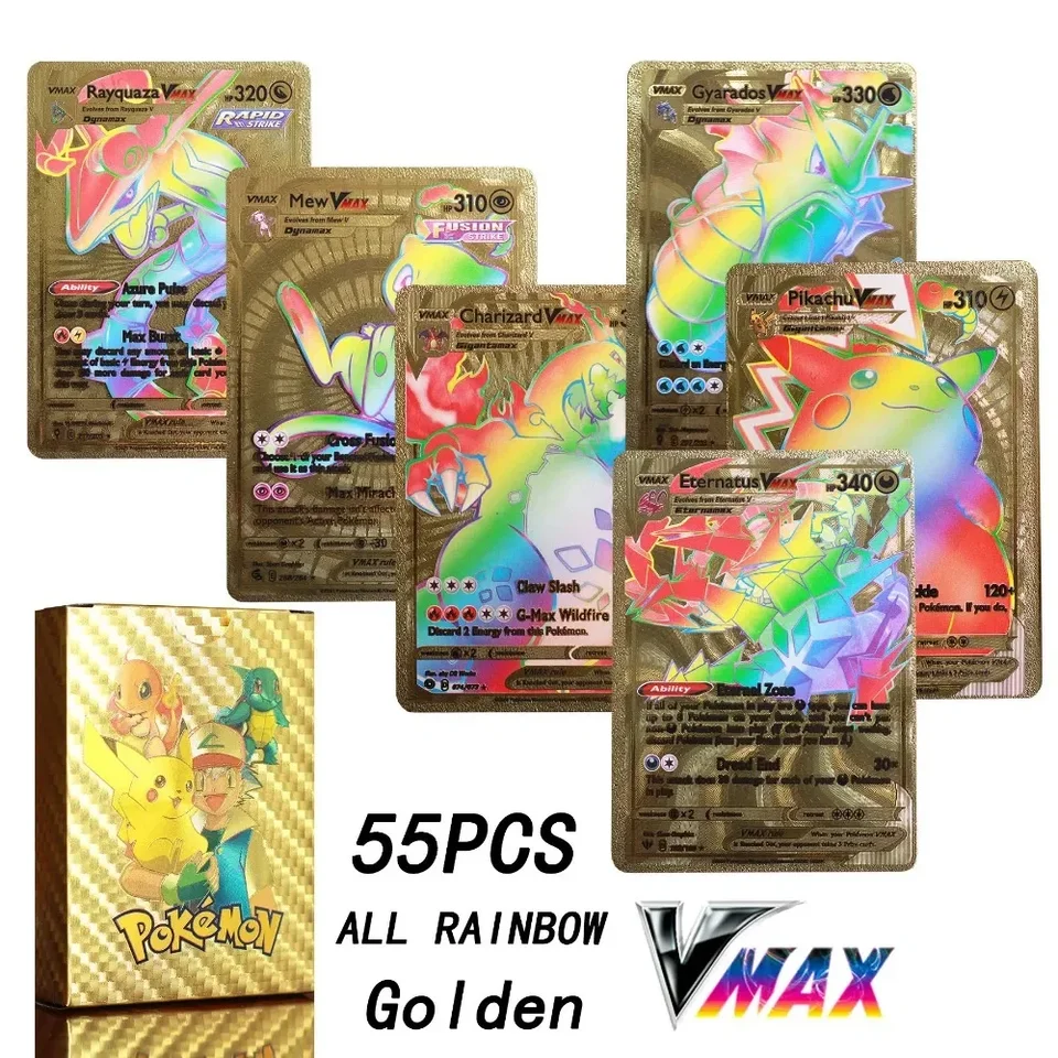 2024 NOVINKA 27-55PCS Pokemon Farebná zlatá fóliová karta Charizard Pikachu Arceus Silver Rainbow English Nemecko Vstar GX V Vmax Card