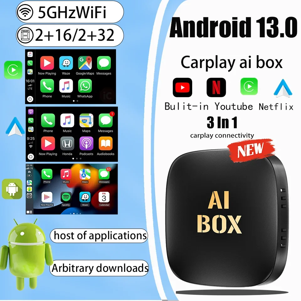 2024 Nová AI Box 2+32 GB Android13 TV box Support Netflix YouTube Apple Wireless Carply Android Auto pre Kia Aodi Volvo Ford Coche
