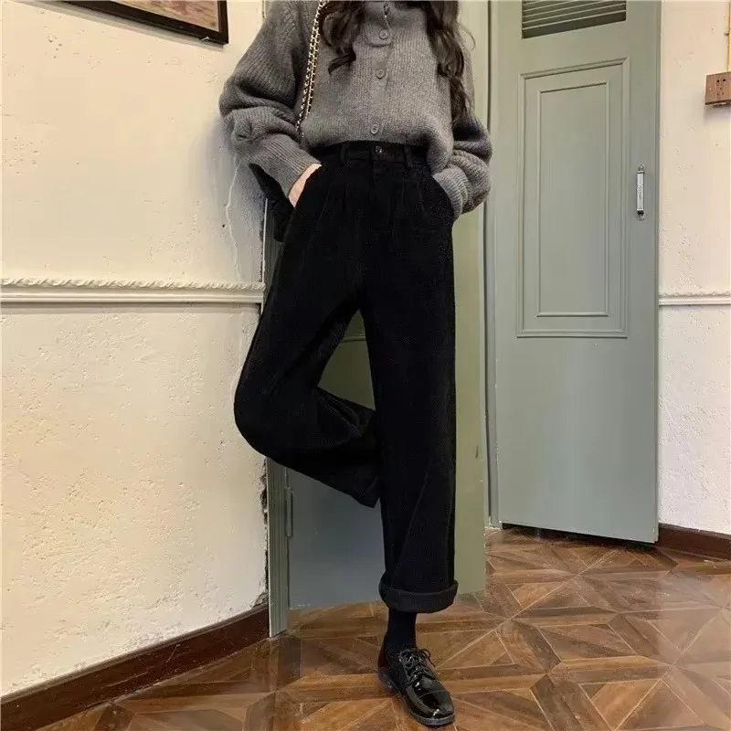 2024 Nová fialová móda Y2K High Wauist Pants Casual Autumn Kórejský jogger pevne priliehajúci Corduroy Rovné nohavice Ladies Pocket vrecko