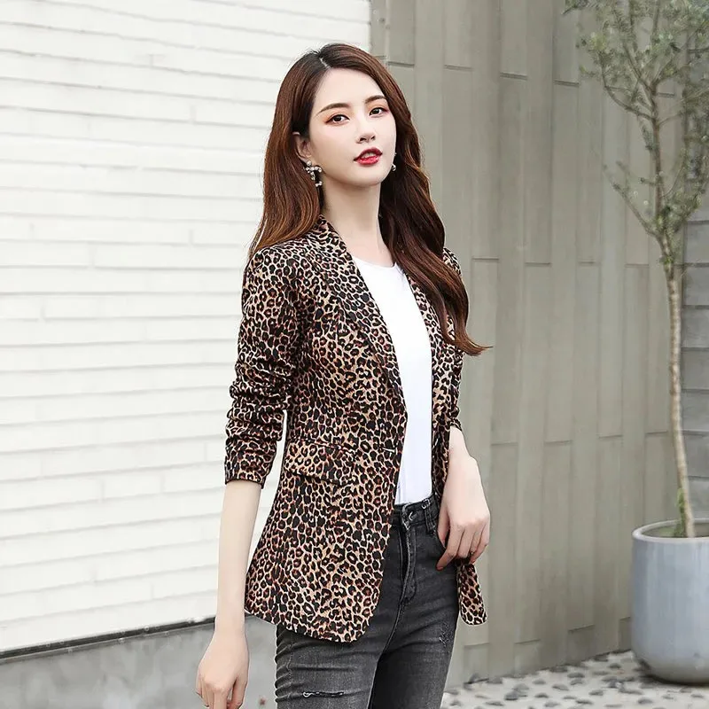 2024 Nová jar jesenná leopardová tlač blazer bunda Ženy s dlhým rukávom One Button Cast Office Elegant Lady Suit Coat Female Tops