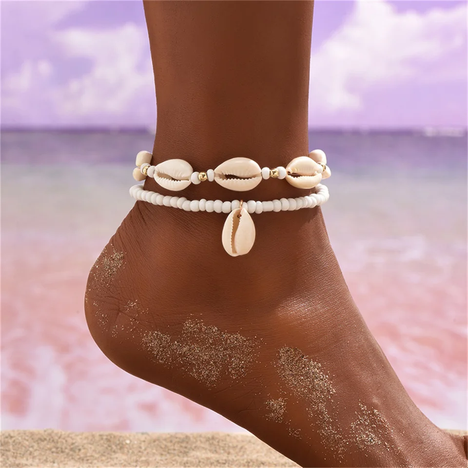 2024 Nová letná pláž Prírodná škrupina Anklets Boho farebné korálky vrstvené náramok členku pre ženy pre ženy cestovné párty šperky