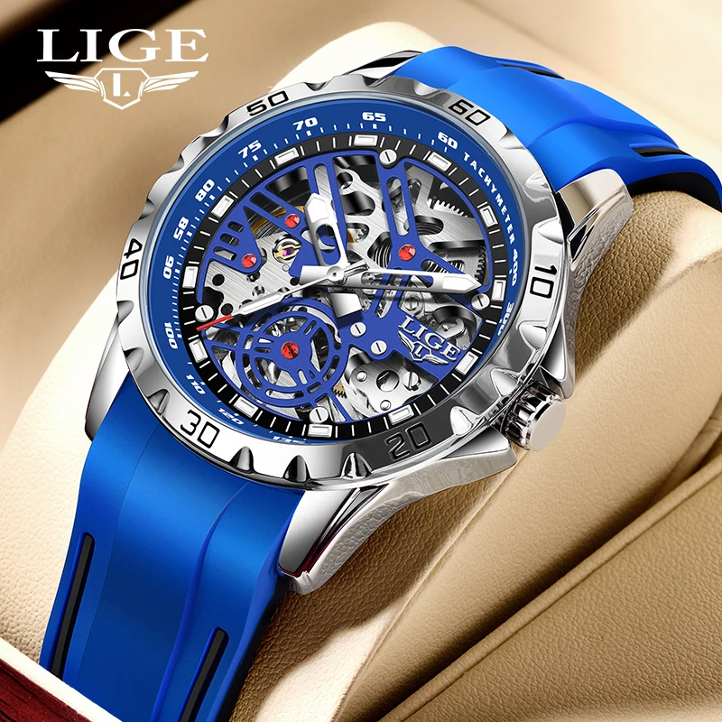 2024 Nová liga top značka Luxusné duté vodotesné tourbillon Mechanical Automatické hodinky Men Silikone Skeleton Pánske hodinky + box