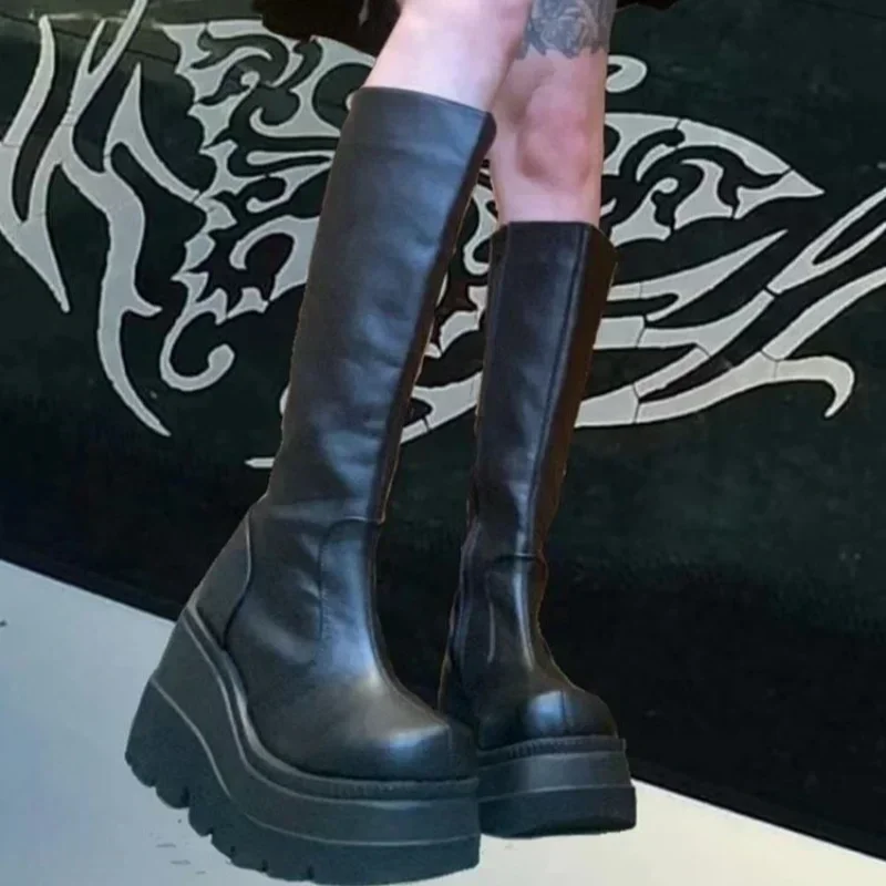2024 Nová módna platforma Ženy bojujú proti zimným pätám Kvalita Dlhé stehno High Zipper Knee High Boots Botas Mujer Platform Shoe