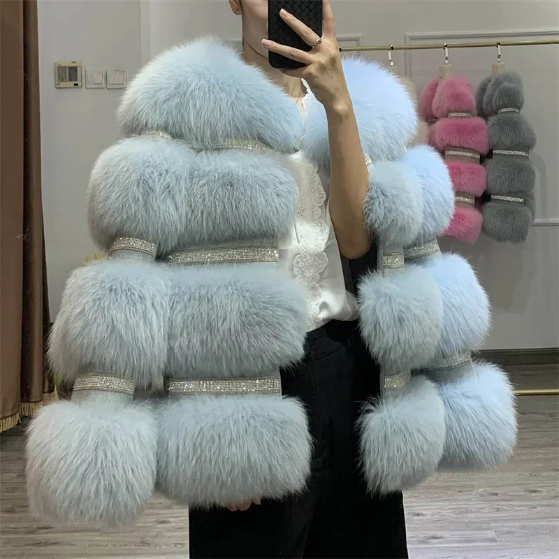 2024 Nová módna skutočná kožuchová zimná bunda Ženy prírodné líšky kožušinové diamanty Hrubé teplé vonkajšie oblečenie Streetwear Luxury Brand