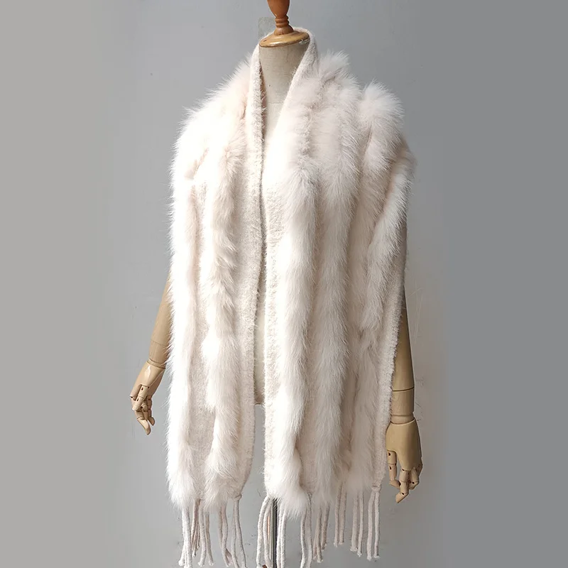 2024 Nová skutočná líška Fox Stripe Shawl s strapcom teplé dlhé ženy pletené obal veľkoobchod Prírodná kožušina široký šál šál