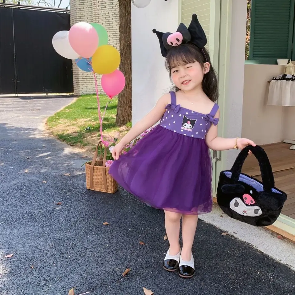 2024 Nové detské letné dieťa Kórejská verzia Polka Dot Sweet Mesh Sondender Sukňa dievčatá fialová Kuromi Cartoon Dress
