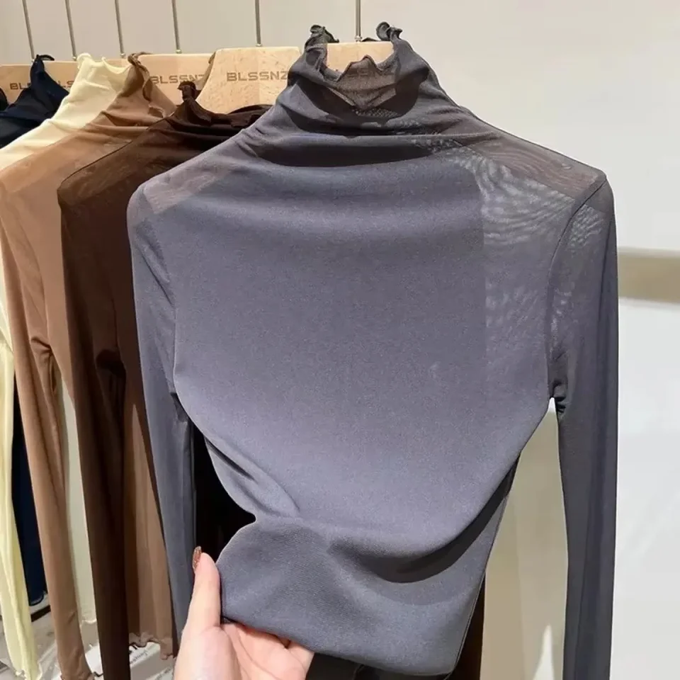 2024 NOVÉ Dievčatá sieťové tričká Tees Ženské jarné leto Priehľadné rukávy Turtleneck tenké košele Tops Tops Undershirts Darček