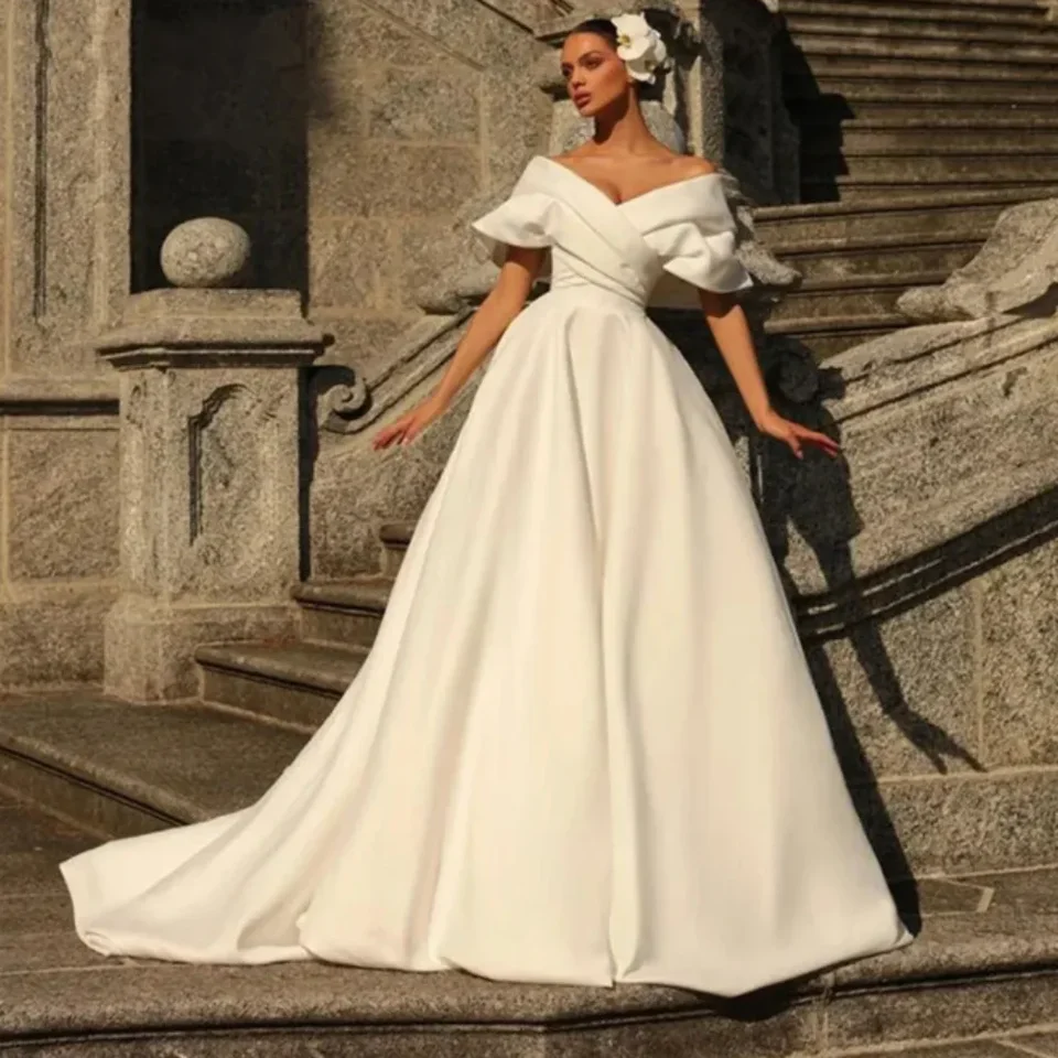 2024 Nové elegantné svadobné šaty z ramena Sweetheart Ruck Bez rukávnej dĺžky podlahy zips backless Svadobné šaty Vestidos de noiva