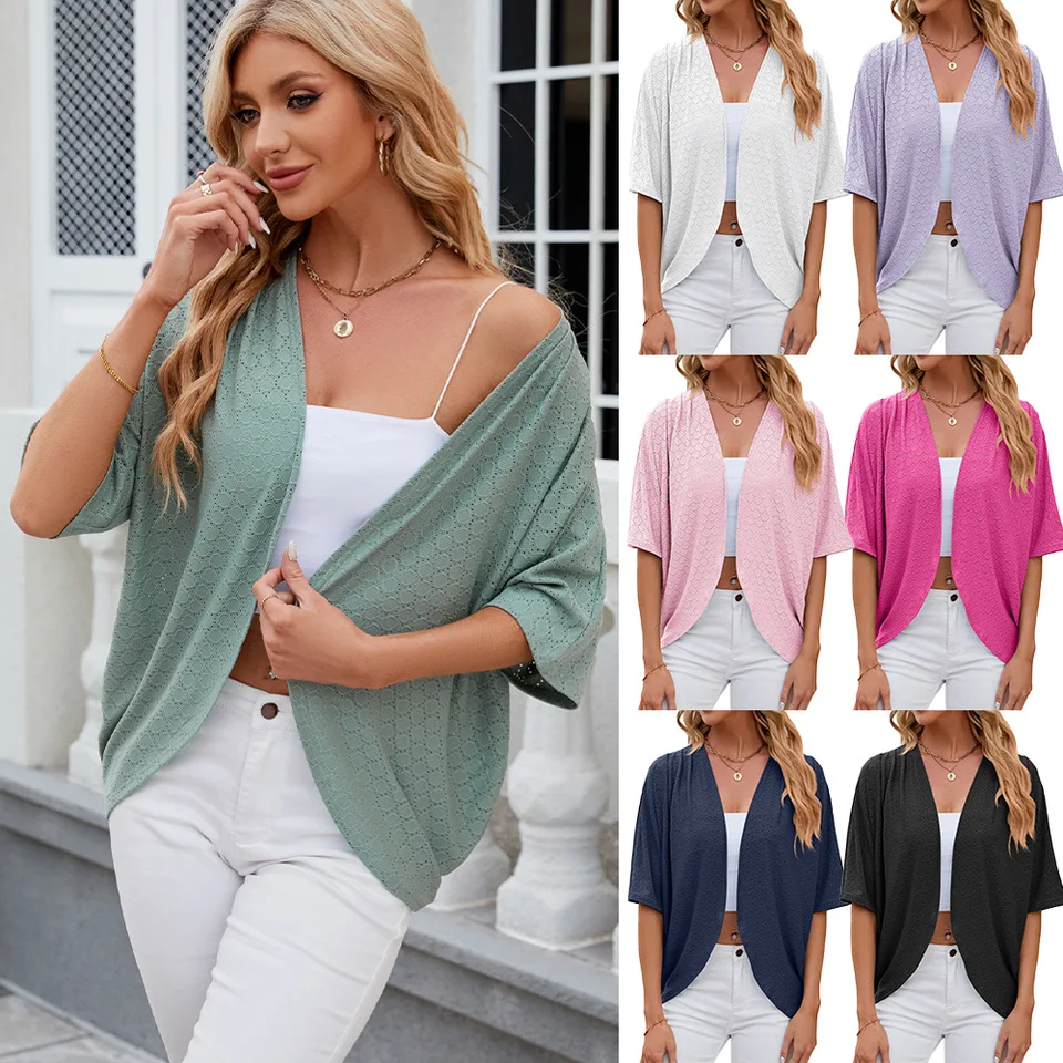 2024 Nové jarné letné letné módne dámy dutiny out out cardigan Solid Color Circle s krátkym rukávom s krátkym rukávom, voľné voľné topené ženy Outwear