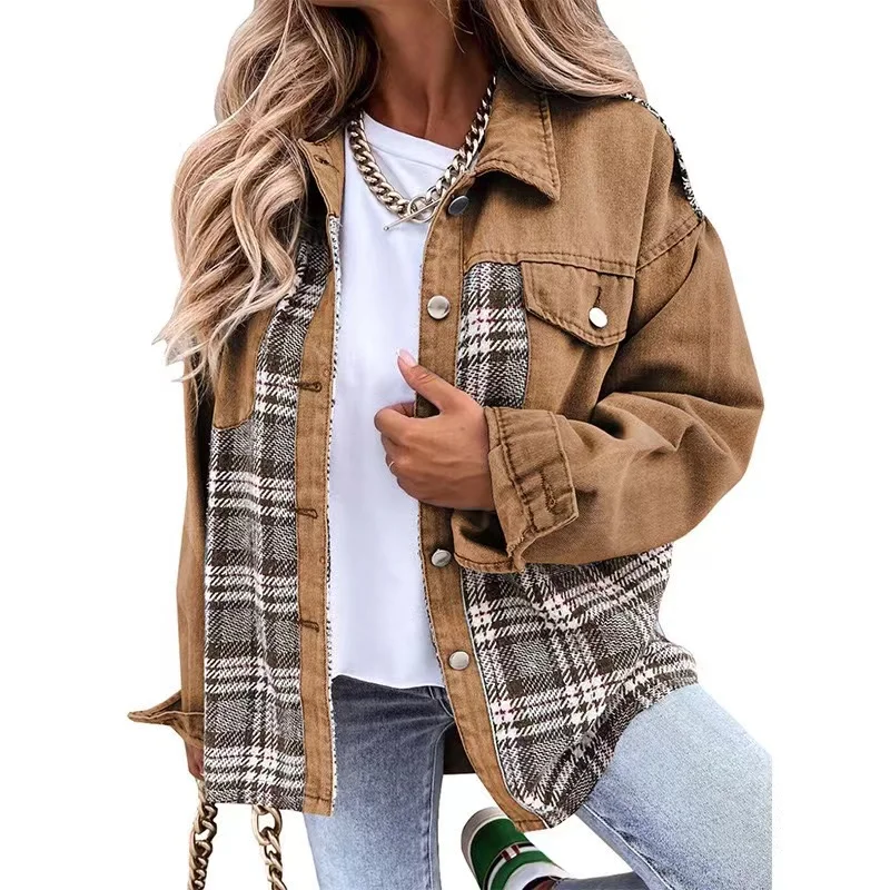 2024 Nové jesenné dámske gombíky Coat Spring Narregular Tops Outwear Mujer Vintage Fashion Plaid Plaid Patchwork džínsová bunda elegantná