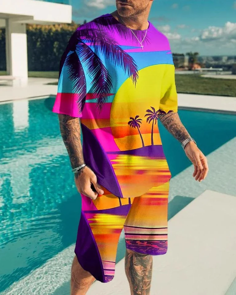 2024 Nové letné pánske tričká+šortky 2ks outfits ležérne sviatky Šortky Sady 3D tlač Male Clothes O-Neck Tracksuit Suits