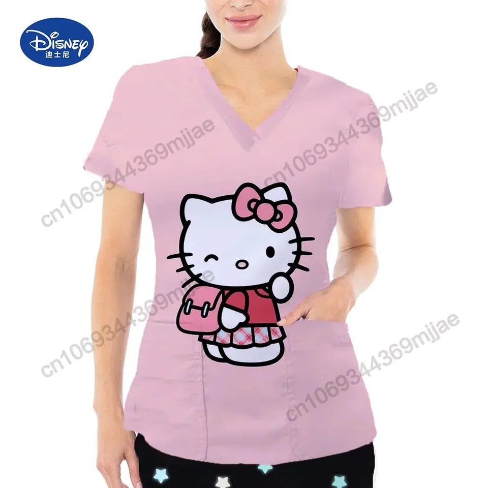 2024 Nové letné V-krk Veľký vreckový dizajn Y2K Pohodlné a neformálne dámske tričko Hello Kitty Pattern Nurse Uniforma