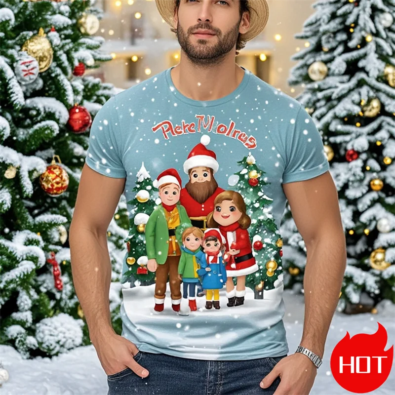 2024 Nové módne vianočné tričko Santa Claus Casual 3D Tlated Street Hip Hop Rodina Rodina vianočného darčekového darčeka Deti krátke rukávy Topy