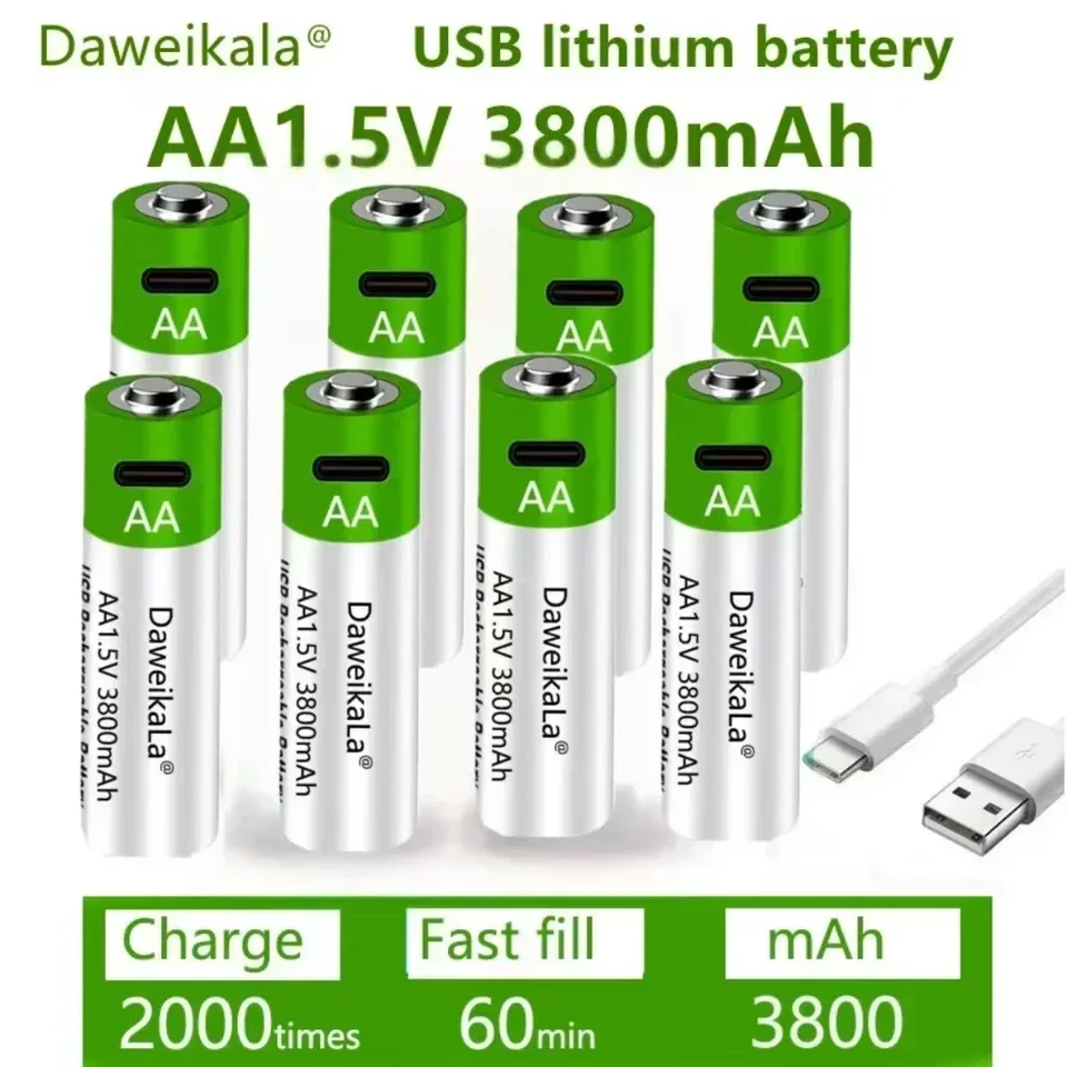 2024 Nové nabíjateľné batérie USB AA 1,5 V 3800 MAH LI-ION batéria pre diaľkové ovládacie prvky myši Mouthelectric Toy Batéria + kábel typu C