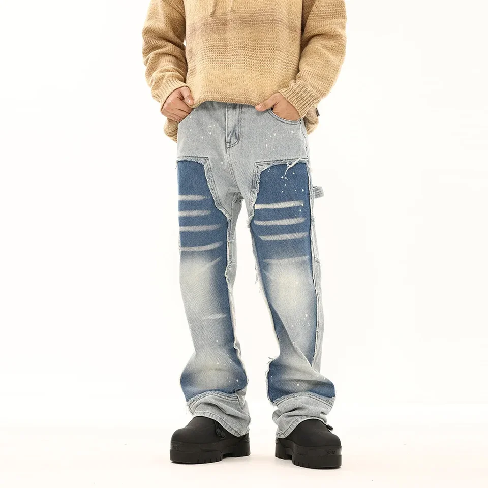 2024 Nové pánske džínsy voľný fit neformálny štýl American Streetwear Black White Color Block Rovné nohavice nohavice Trendy Značka