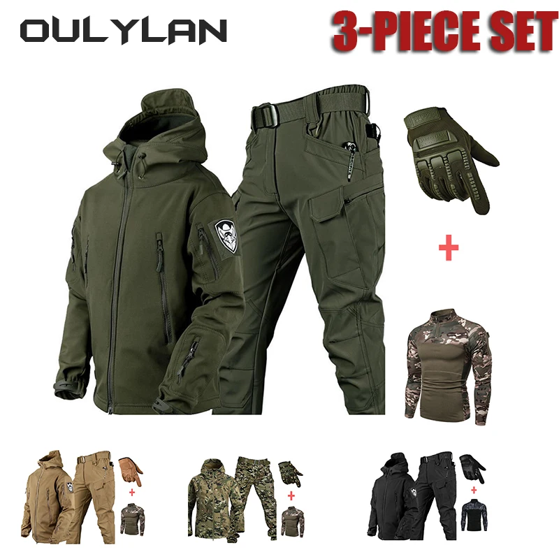 2024 NOVÉ Pánske taktické sada Warm Shark Skin Set Outdoor Suit Rukavice Tričko Tričko Sada na jar jesennú zimu